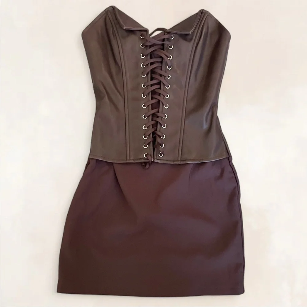Outcast Lindsay Corset Mini Dress in Chocolate Brown - Picture 6 of 9